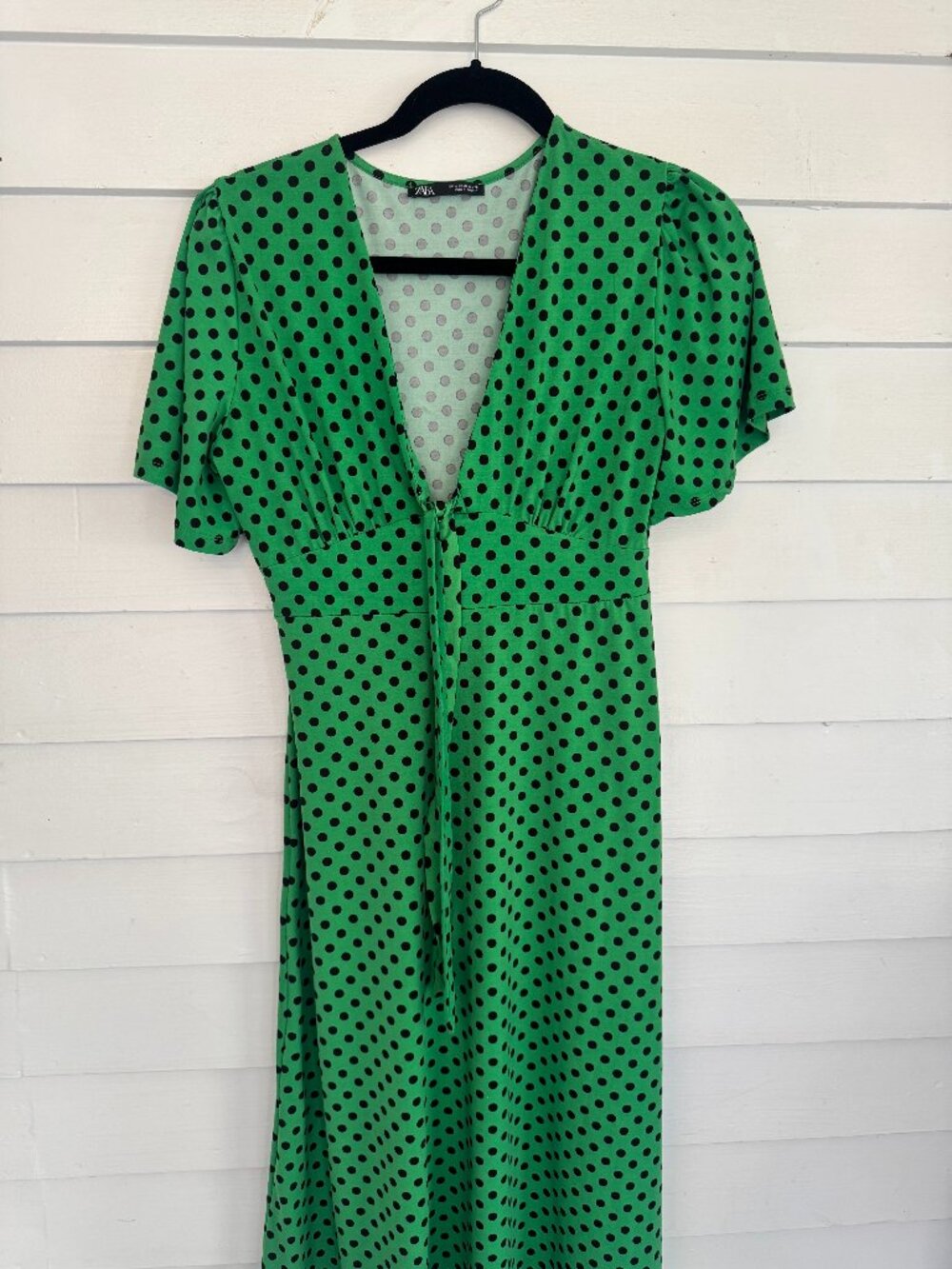 1940's style green and black polka dot mid calf dress